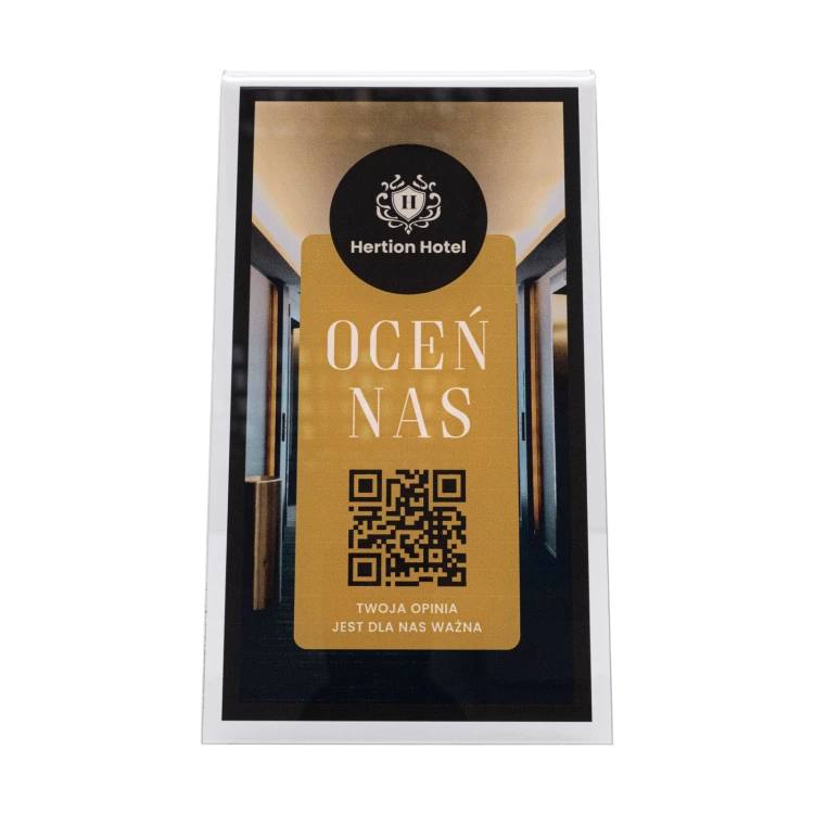 Stojak informacyjny z kodem QR - transparentny akryl z nadrukiem UV - wym. 100x175mm - ST068