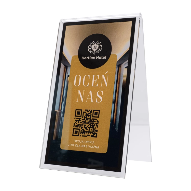 Stojak informacyjny z kodem QR - transparentny akryl z nadrukiem UV - wym. 100x175mm - ST068