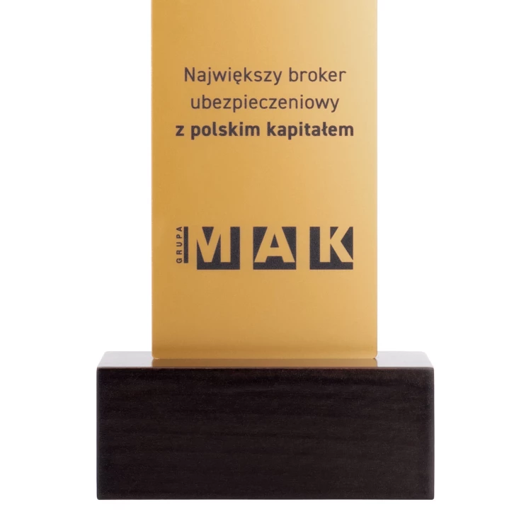 Stojak informacyjny z logo firmy - złoty akryl na drewnianym postumencie - ST056