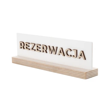 Stojak rezerwacja - biały akryl na drewnianym postumencie - ST043