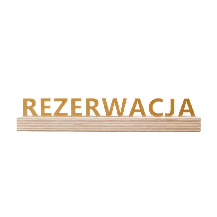Stojak rezerwacja - złoty akryl na drewnianym postumencie - ST042