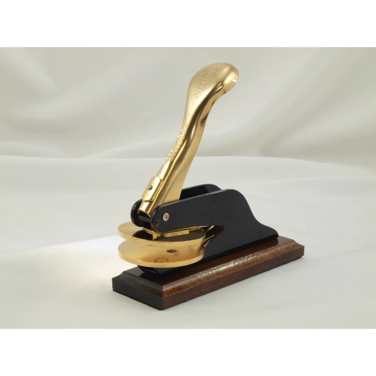 Suchy Stempel Just - Gold & Wood - ekskluzywny stempel biurkowy z podstawką drewnianą