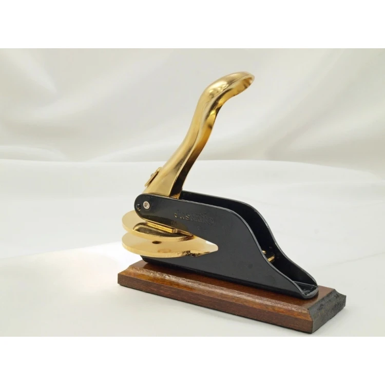 Suchy Stempel Just - Gold & Wood - ekskluzywny stempel biurkowy z podstawką drewnianą