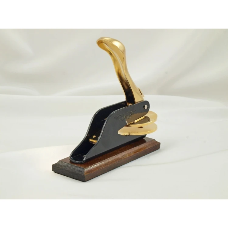 Suchy Stempel Just - Gold & Wood - ekskluzywny stempel biurkowy z podstawką drewnianą
