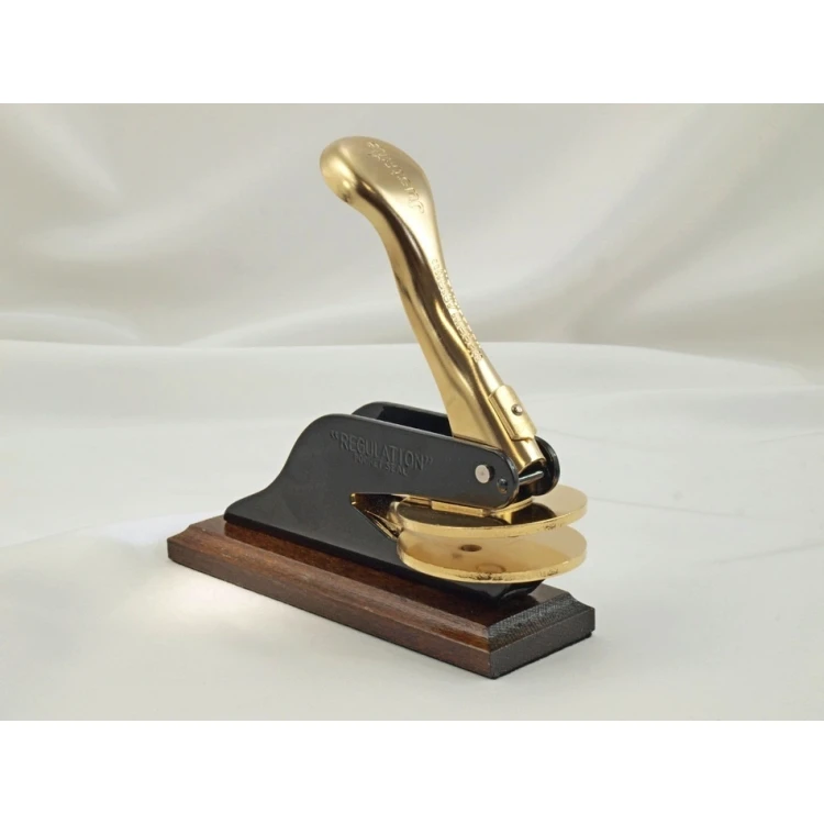 Suchy Stempel Just - Gold & Wood - ekskluzywny stempel biurkowy z podstawką drewnianą