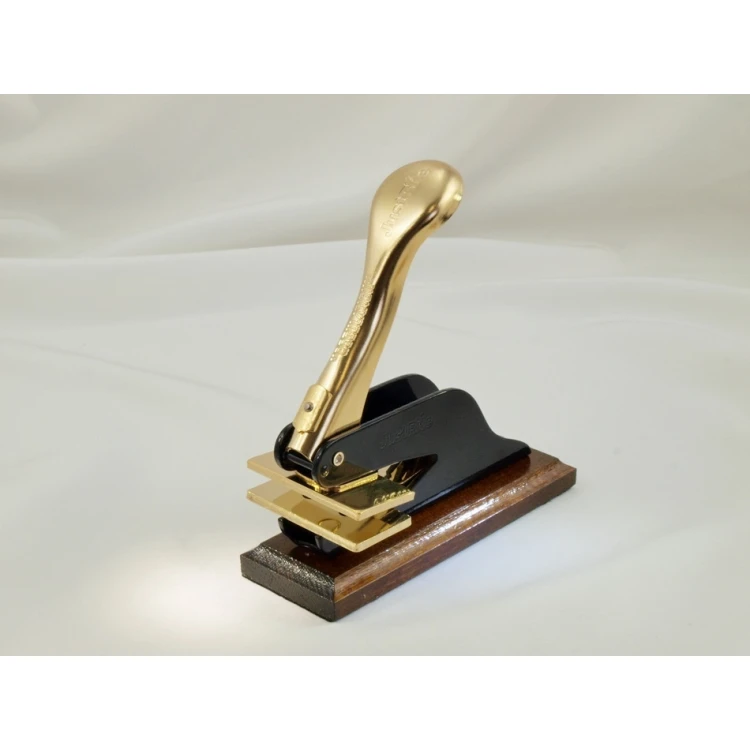 Suchy Stempel Just - Gold & Wood - ekskluzywny stempel biurkowy z podstawką drewnianą