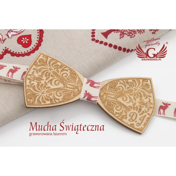 Świąteczna mucha grawerowana laserem - liście - MDR036