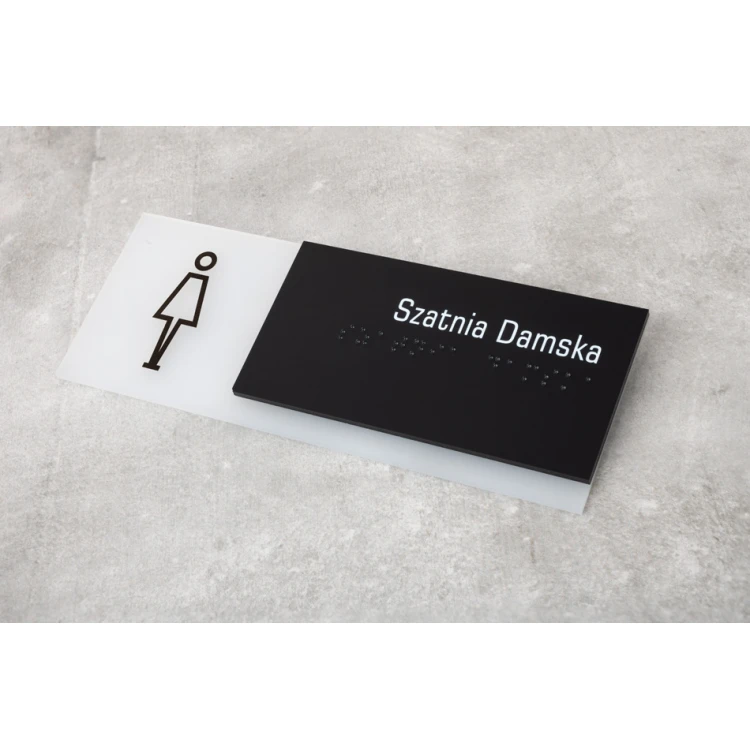 Szatnia damska - tabliczka z pismem Braille'a na drzwi lub ścianę - szroniona plexi i czarna ADA wym. 200x75mm - TAB282