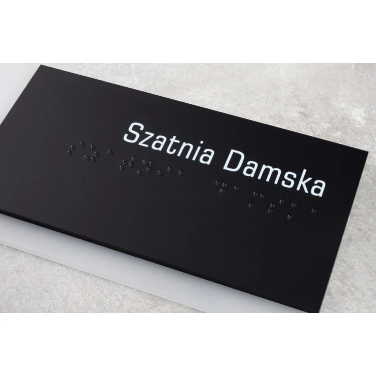 Szatnia damska - tabliczka z pismem Braille'a na drzwi lub ścianę - szroniona plexi i czarna ADA wym. 200x75mm - TAB282