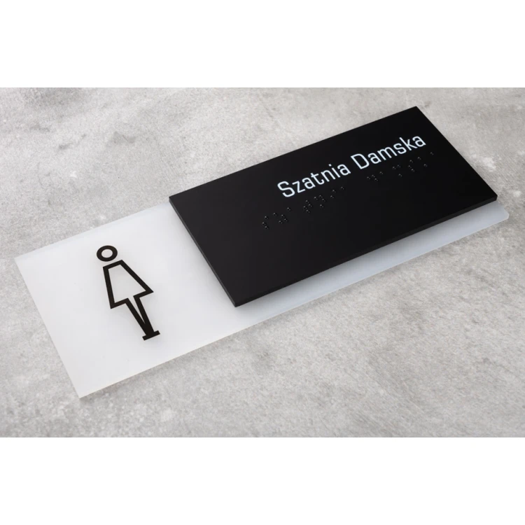 Szatnia damska - tabliczka z pismem Braille'a na drzwi lub ścianę - szroniona plexi i czarna ADA wym. 200x75mm - TAB282