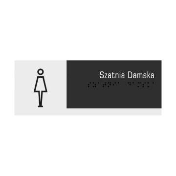 Szatnia damska - tabliczka z pismem Braille'a na drzwi lub ścianę - szroniona plexi i czarna ADA wym. 200x75mm - TAB282