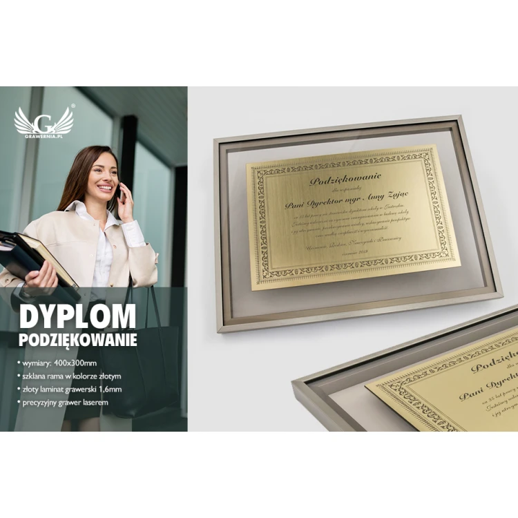 Szklany dyplom - podziękowanie w złotej ramie - DWR5