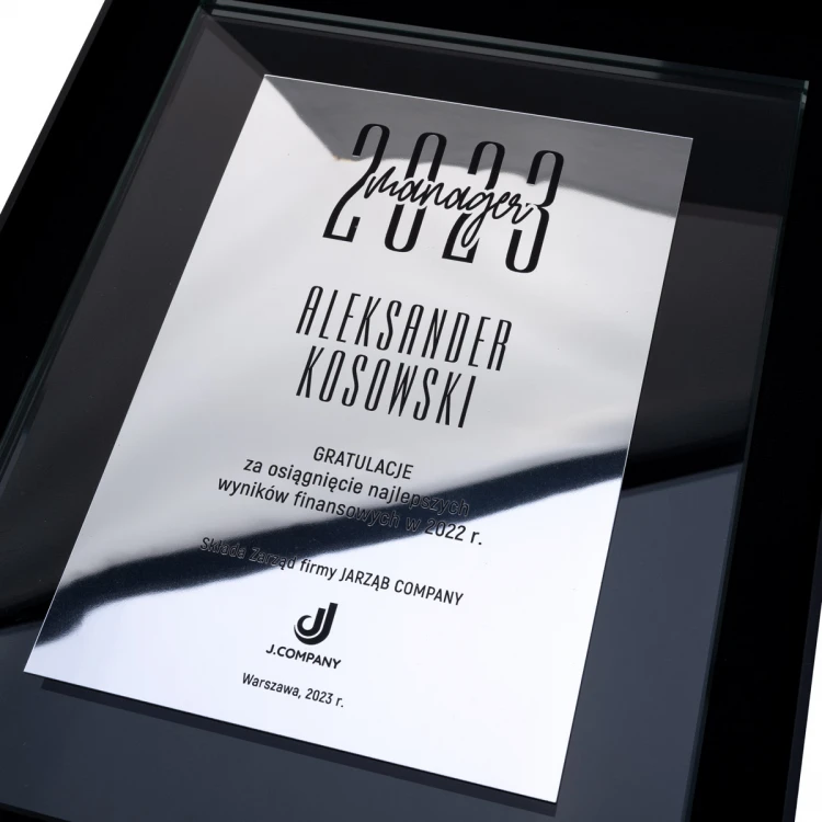 Szklany dyplom uznania - laminat lustrzany grawerowany laserem - DSZ054