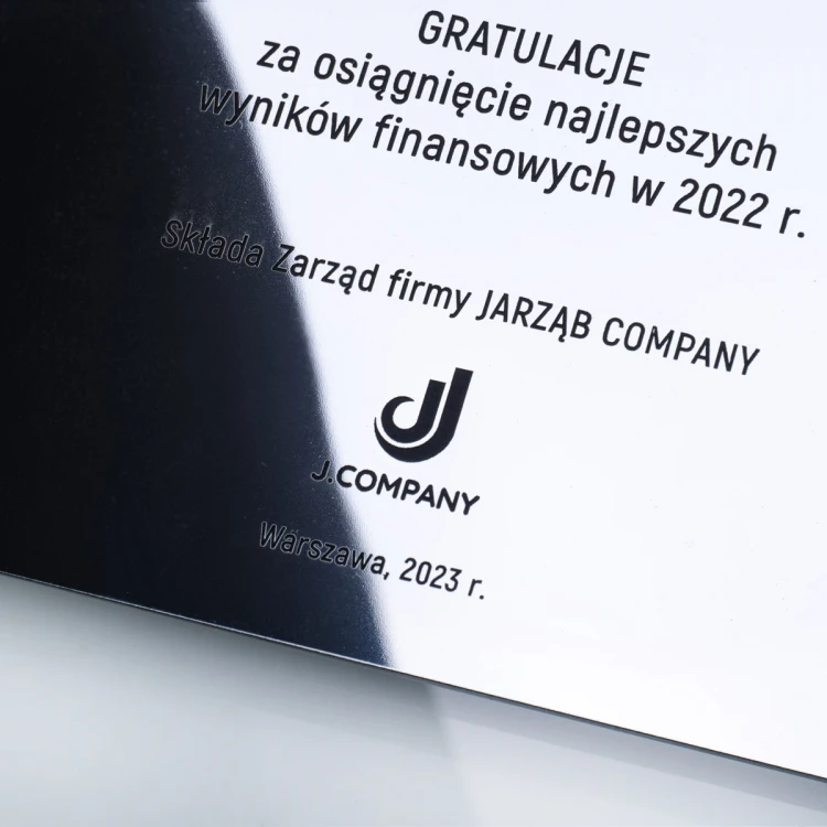Szklany dyplom uznania - laminat lustrzany grawerowany laserem - DSZ054