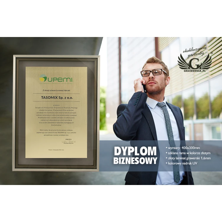 Szklany dyplom w złotej ramie - DWR4