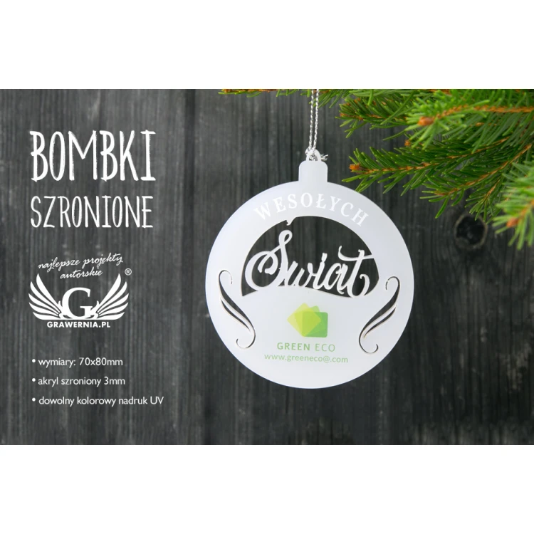 Szronione bombki z dowolnym nadrukiem UV - wym. 70x80mm - Wesołych Świąt - BDR016