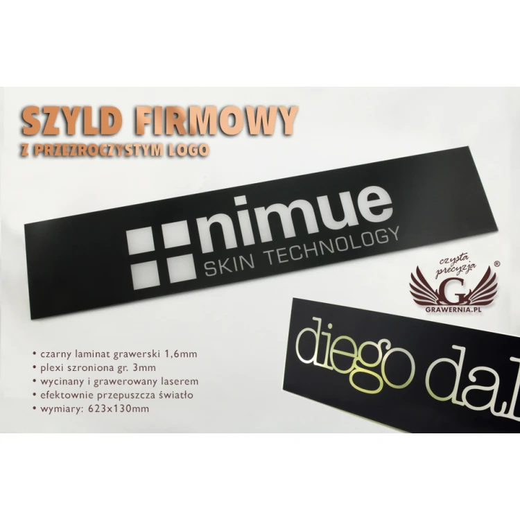 Szyld firmowy czarny z przezroczystym logo - SZ090 - wym. 623x130mm