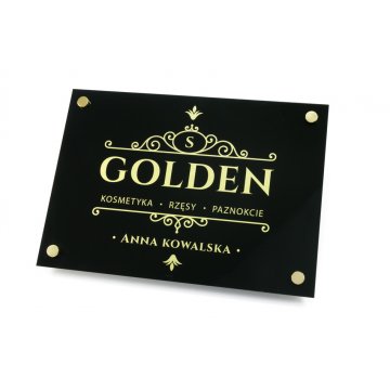 Szyld firmowy - dibond szczotkowany złoty 3mm i akryl - druk UV - wym. 420x297mm (A3) - SZUV019