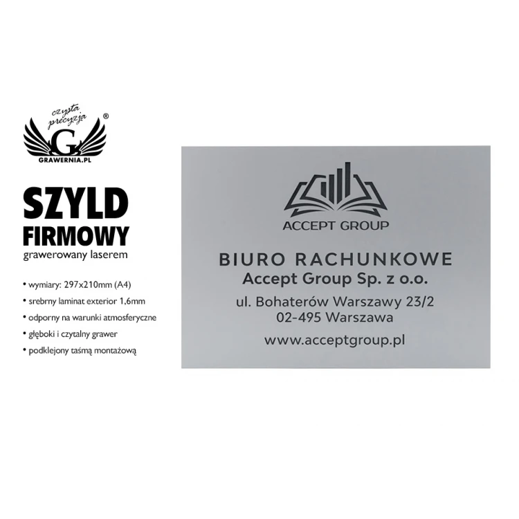 Szyld firmowy grawerowany - srebrny mat exterior - SZ126 - wym. 297x210mm (A4)