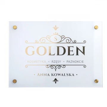 Szyld reklamowy - biała tablica ze złotymi literami - wym. 297x210mm (A4) - SZUV035
