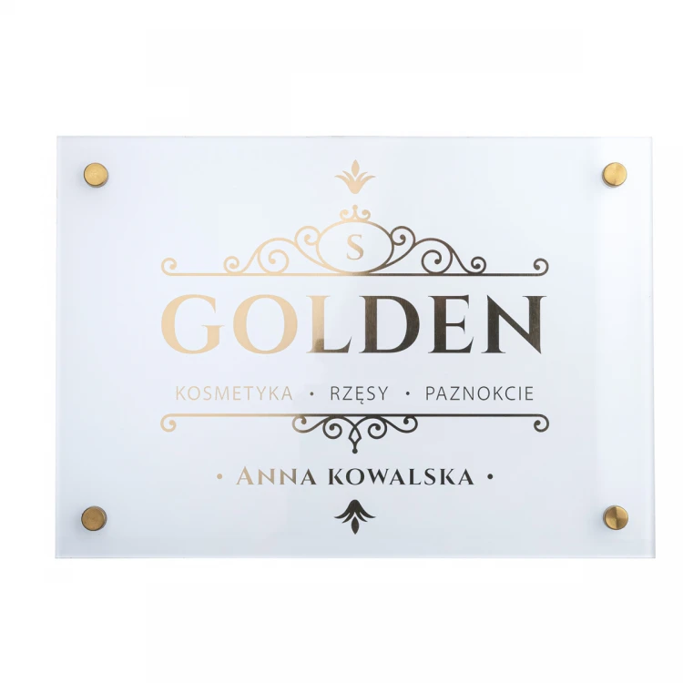Szyld reklamowy - biała tablica ze złotymi literami - wym. 297x210mm (A4) - SZUV035