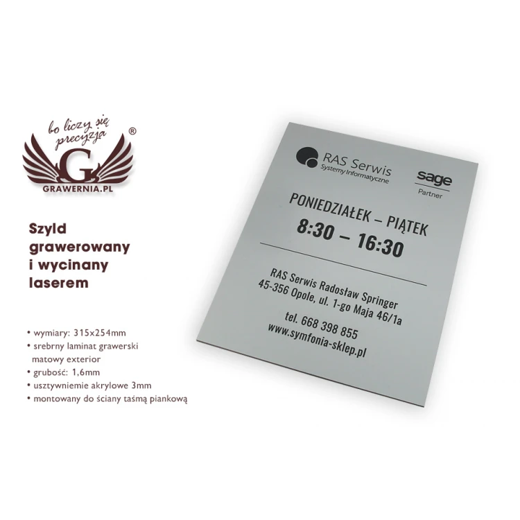 Szyld firmowy - srebrny laminat grawerski mat exterior - SZ094 - wym. 315x254mm 