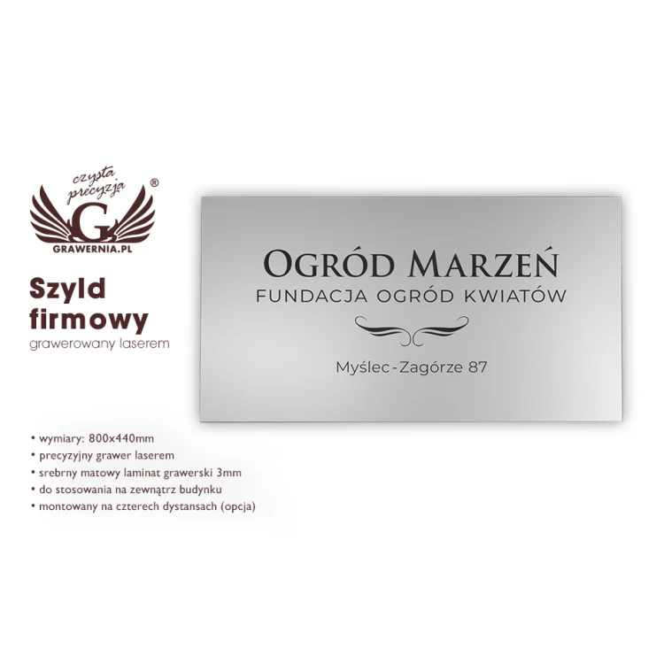 Szyld firmowy - srebrny matowy laminat grawerski - wym. 800x440mm - SZ115