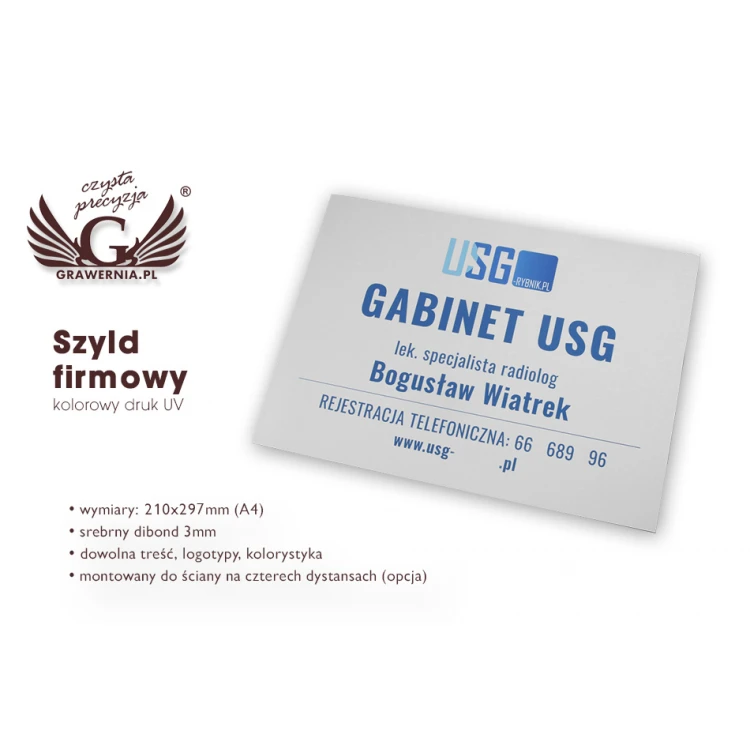 Szyld firmowy - wym. 210x297mm (A4) - DIBOND MAT 3mm - druk UV - SZUV013
