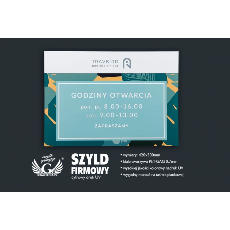Szyld firmowy - wym. 420x300mm - białe tworzywo PCW - SZ118
