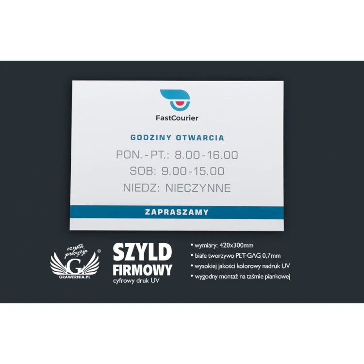 Szyld firmowy - wym. 420x300mm - białe tworzywo PCW - SZ119