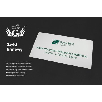 Szyld firmowy - wym. 600x300mm - biały laminat grawerski - SZ113