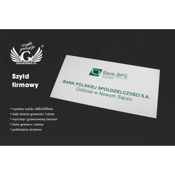 Szyld firmowy - wym. 600x300mm - biały laminat grawerski - SZ113