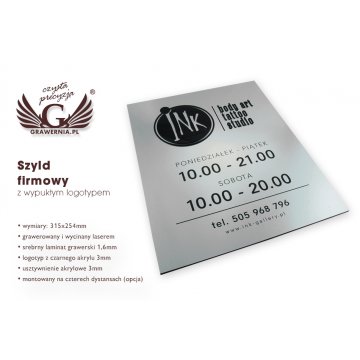 SZYLD FIRMOWY z WYPUKŁYM LOGO i GODZINAMI OTWARCIA - srebrny - SZ061 - wymiary 315x254mm