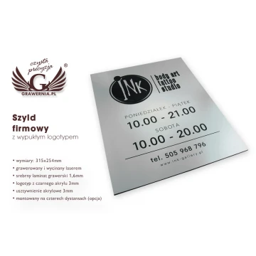 SZYLD FIRMOWY z WYPUKŁYM LOGO i GODZINAMI OTWARCIA - srebrny - SZ061 - wymiary 315x254mm