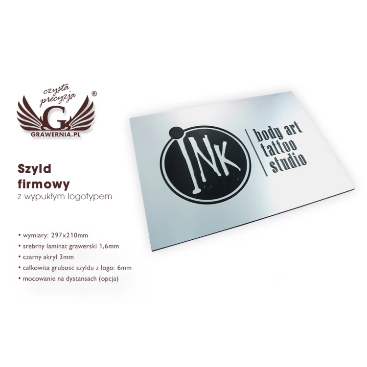 SZYLD FIRMOWY z WYPUKŁYM LOGO - srebrny - SZ062 - wymiary 297x210mm (A4)
