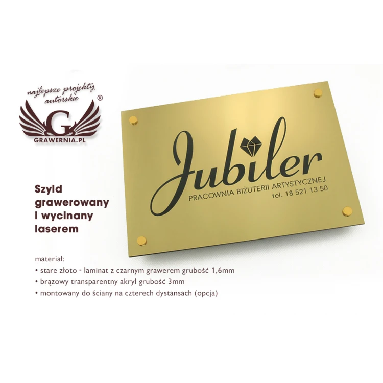 SZYLD FIRMOWY z WYPUKŁYM LOGO - złoty - SZ070 - wymiary: 297x210mm (format A4)