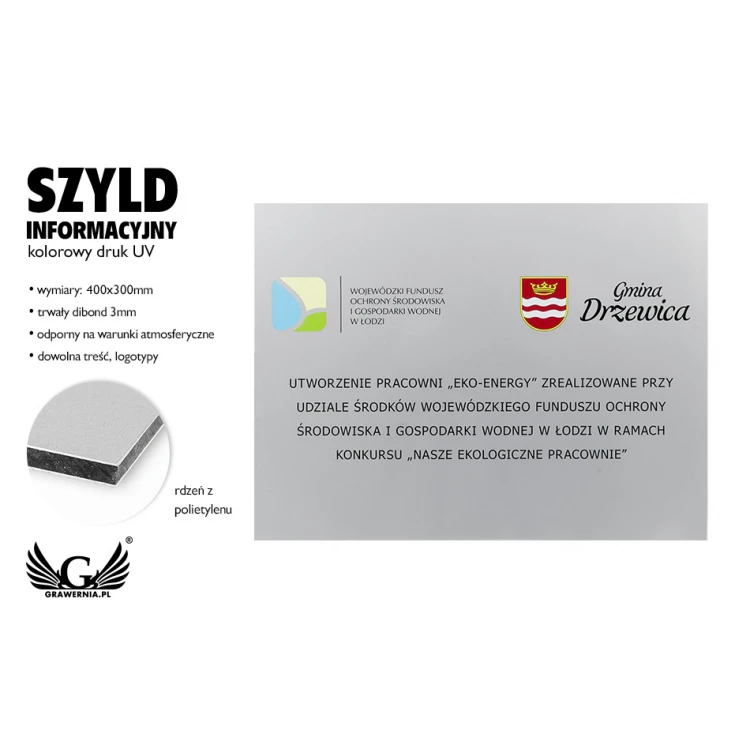 Szyld informacyjny DIBOND MAT srebrny 3mm - druk UV - wym. 400x300mm - SZUV016