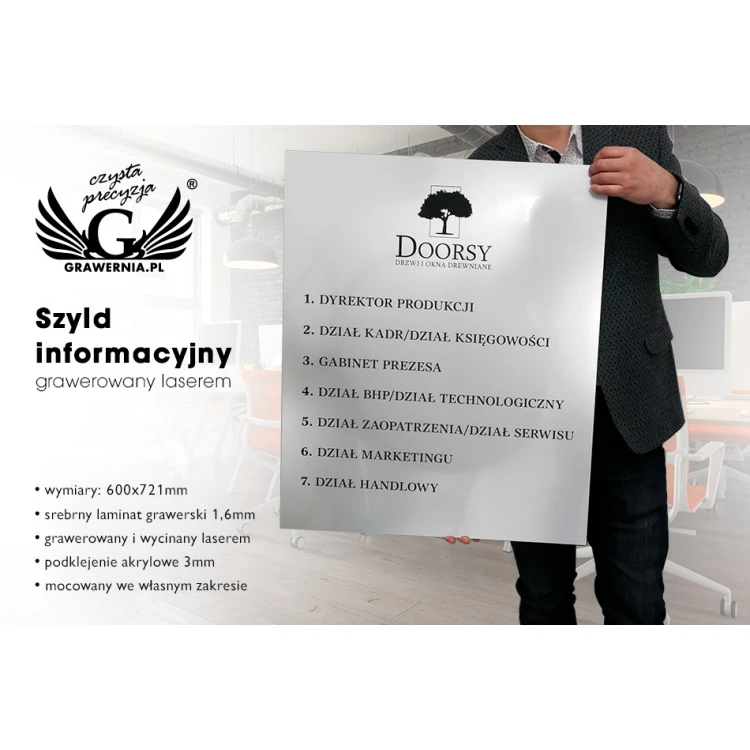 Szyld srebrny grawerowany - wym. 600x721mm - SZ124
