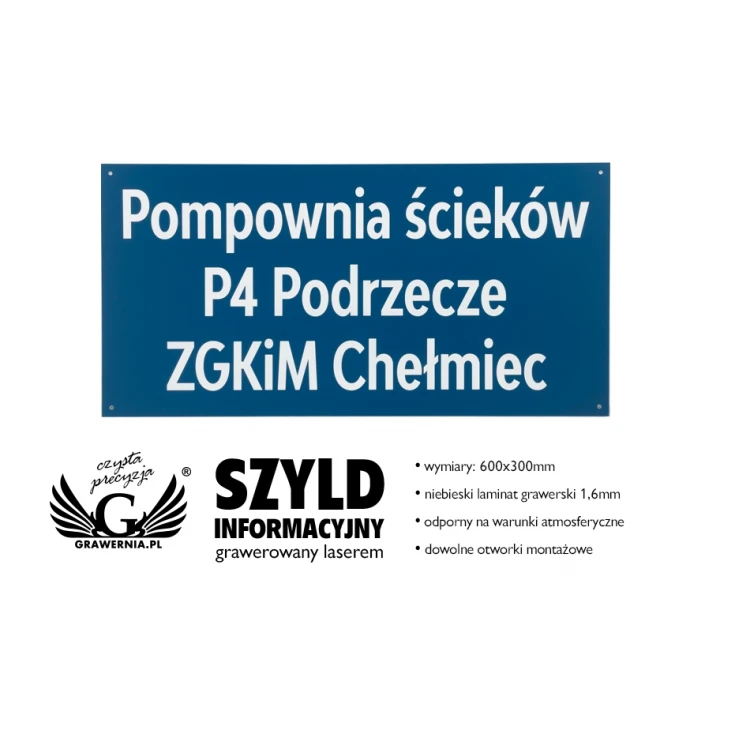 Szyld informacyjny grawerowany - niebieski laminat - SZ129 - wym. 600x300mm