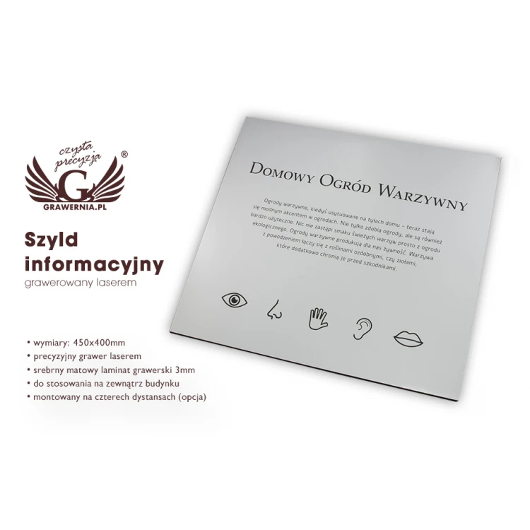 Szyld informacyjny - srebrny matowy laminat grawerski - wym. 450x400mm - SZ116