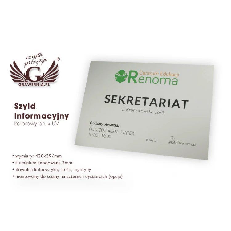 Szyld informacyjny - wym. 420x297mm (A3) - aluminium anodowane 2mm - druk UV - SZUV012