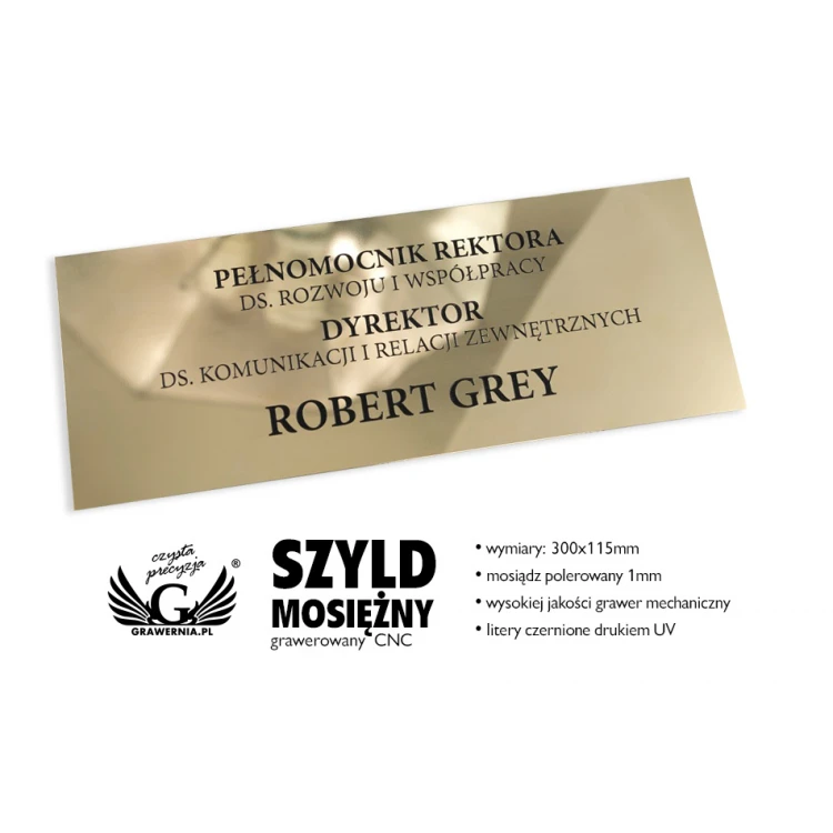 Szyld informacyjny z mosiądzu, tablica mosiężna - polerowany, grawer CNC czerniony - SZ135 - wym. 300x115mm 