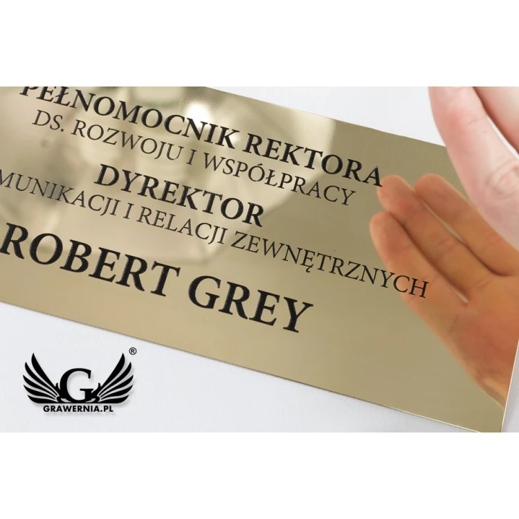 Szyld informacyjny z mosiądzu, tablica mosiężna - polerowany, grawer CNC czerniony - SZ135 - wym. 300x115mm 