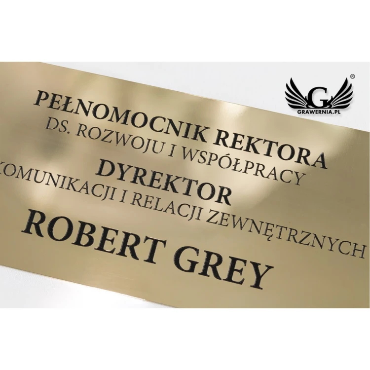 Szyld informacyjny z mosiądzu, tablica mosiężna - polerowany, grawer CNC czerniony - SZ135 - wym. 300x115mm 