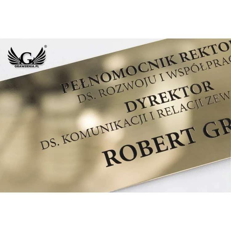 Szyld informacyjny z mosiądzu, tablica mosiężna - polerowany, grawer CNC czerniony - SZ135 - wym. 300x115mm 