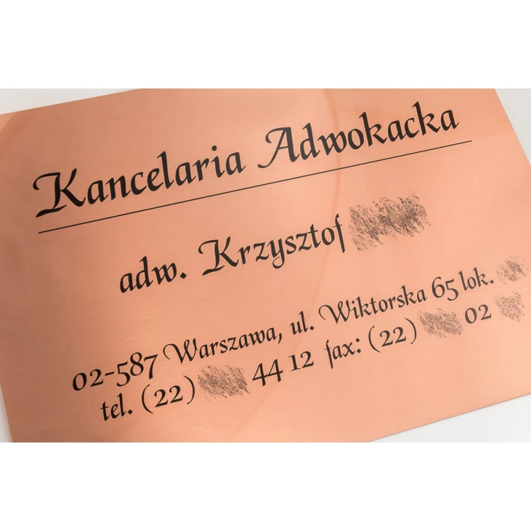 Szyld Kancelaria Adwokacka - druk UV - miedź 0,5mm - SZ136 - wym. 420x300mm