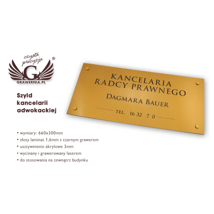 SZYLD KANCELARIA RADCY PRAWNEGO - laminat złoty - SZ093 - wym. 600x300mm