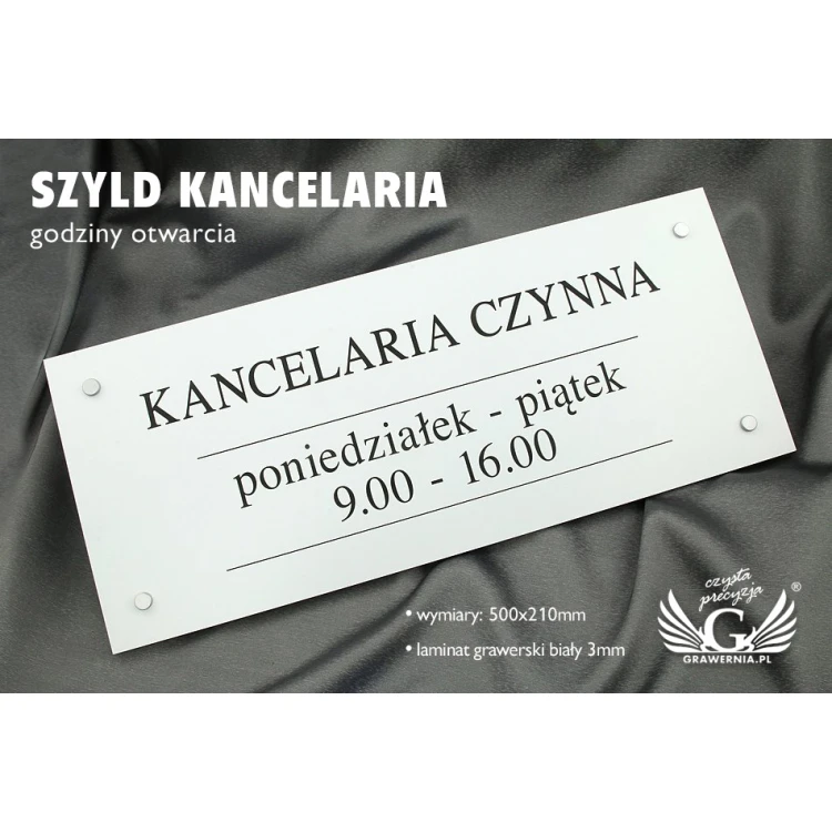 SZYLD KANCELARIA - biały laminat - godziny otwarcia - SZ086 - wym. 500x210mm