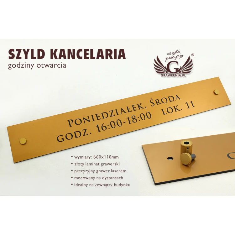 SZYLD KANCELARIA - godziny otwarcia - złoty matowy laminat grawerski - SZ092 - wym. 600x100mm 
