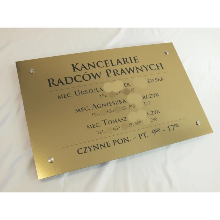 SZYLD KANCELARIE RADCÓW PRAWNYCH - złoty szczotkowany błyszczący laminat - SZ054 - wym. 680x440mm